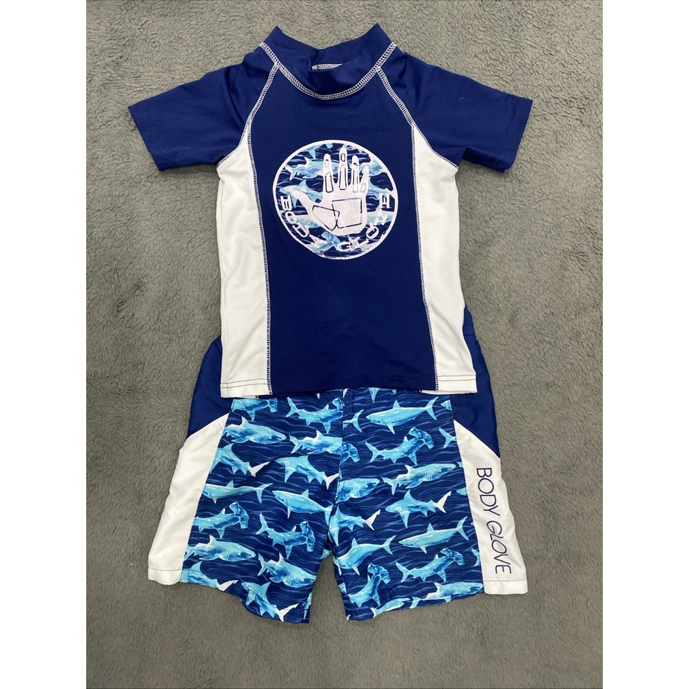 Body Glove Boys 8 2 pieceRash Guard Swimsuit Set Shirt Trunks Blue White Sharks